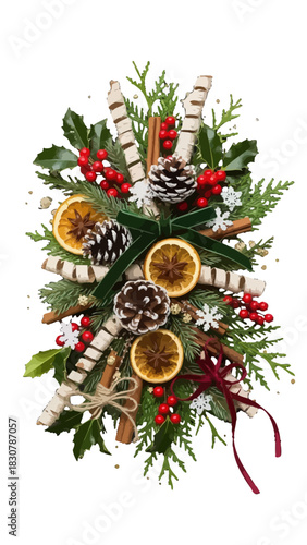 Festive Christmas arrangement featuring pine cones, dried oranges, cinnamon sticks, and holly berries.