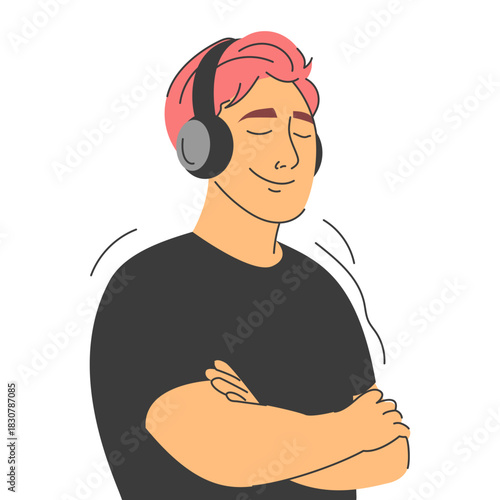 Happy man in headphones listens to calm music vector isolated. Male character standing with crossed arms, closed eyes and smiling. Relaxing music, young man with wireless headphones in his head.
