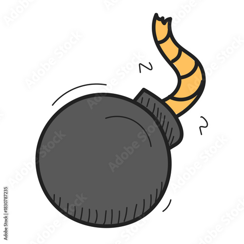 Bomb doodle icon vector isolated. Hand-drawn illustration of a black bomb. Symbol of weapon and explosion. Explosive object with fuse.