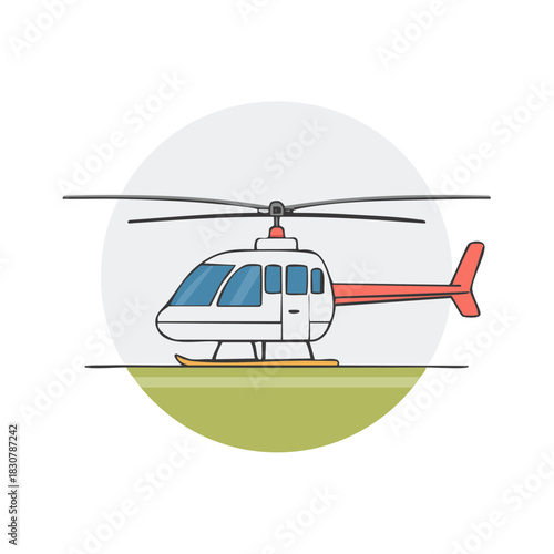 White helicopter with red tail rotor and landing gear on green grassy surface