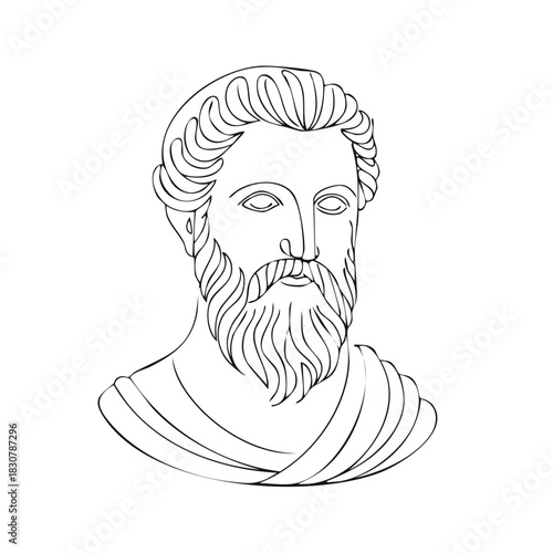 Linear Drawing of Ancient Greek Philosopher Bust with Beard and Wavy Hair Style
