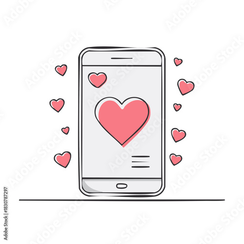 Hand drawn smartphone with pink hearts for social media likes and online dating app