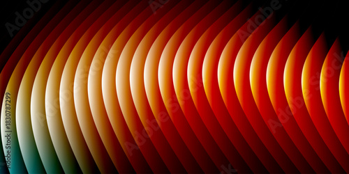 Neon ribbed fractal glass 3d background. Holographic vertical stripe pattern with vibrant purple blue yellow gradient. Abstract black bg, iridescent texture lines in radiant colors. 3D illustration	
