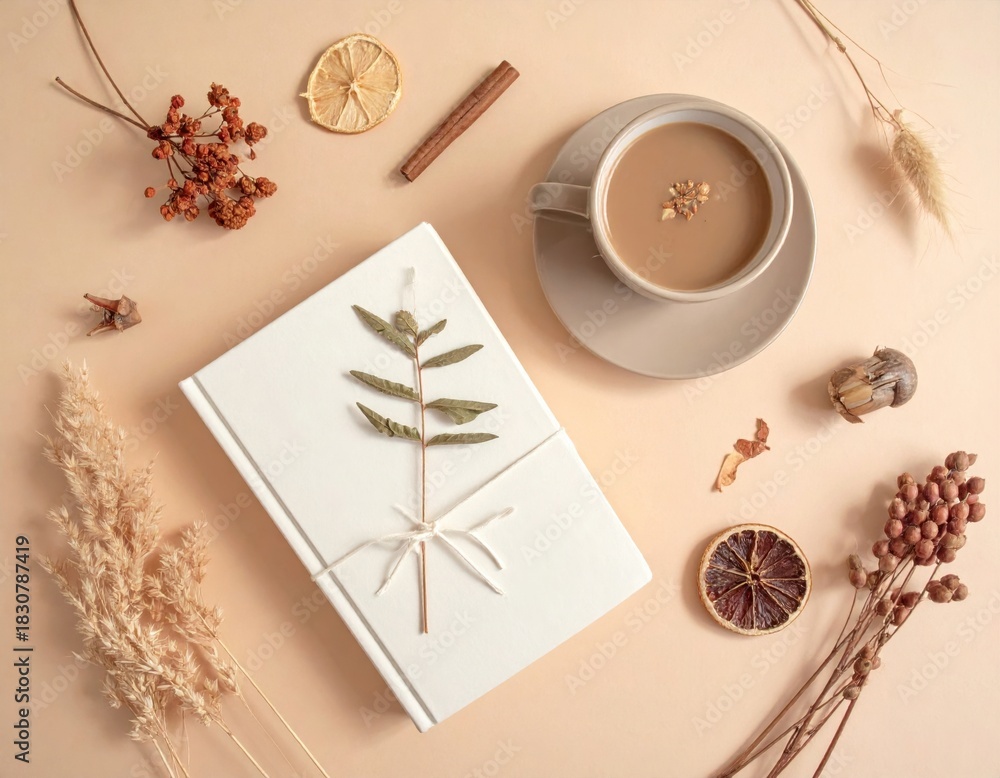 Obraz premium Cozy autumn still life with coffee, book, and dried botanicals