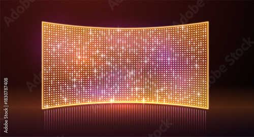 Golden led light screen concert show background, board wall stage with curved monitor glow orange round dot TV display
