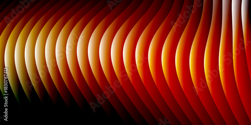 Neon ribbed fractal glass 3d background. Holographic vertical stripe pattern with vibrant purple blue yellow gradient. Abstract black bg, iridescent texture lines in radiant colors. 3D illustration	
