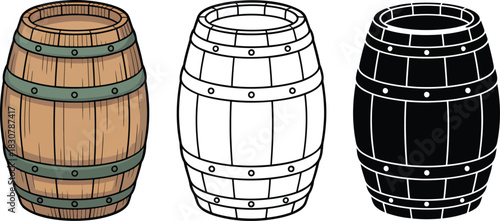 Fototapeta Naklejka Na Ścianę i Meble -  wooden wine barrel silhouette & Outline and illustration set isolated on transparent background