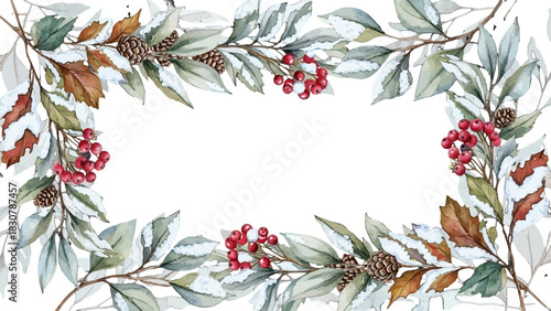 A watercolor illustration of a festive winter frame with frosted leaves, red berries, and pinecones on a white background.