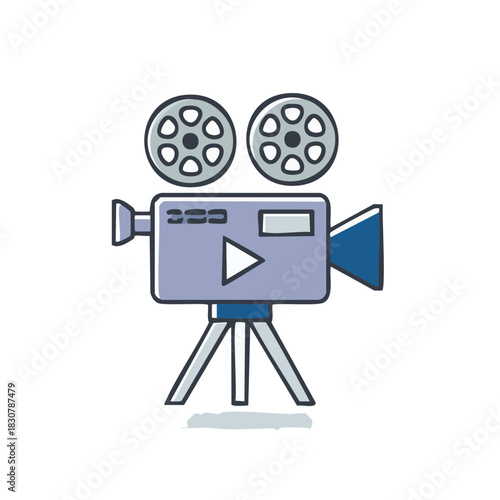 Vintage Movie Camera Illustration with Reels and Play Button Icon