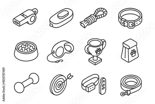 Pet training accessories: whistle, clicker, rope, collar, bowl, goggles, trophy, dog food, dumbbell, target, usb drive, leash.