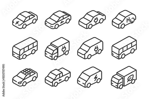 Set of electric and alternative energy vehicle icons in line art style.