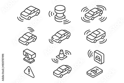 Autonomous car icons with sensors and safety features.