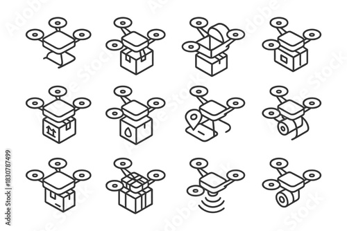 Isometric drone icon set with various design elements and functions.