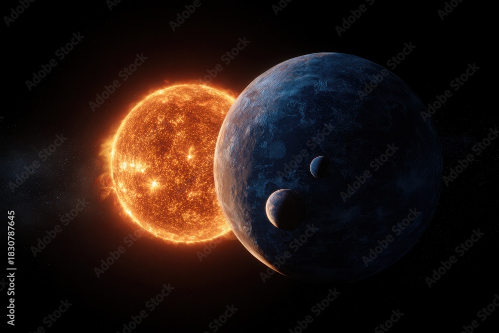 Fototapeta premium A close up of the sun and two planets