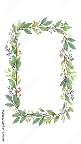 A delicate watercolor botanical frame made of green leaves, branches, and small flowers and berries on a white background.
