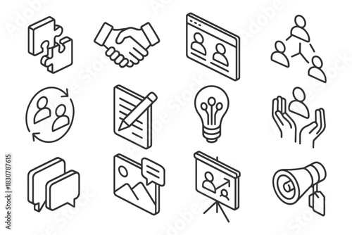 Minimalist business and communication icons - puzzle, handshake, presentation, chat, idea.