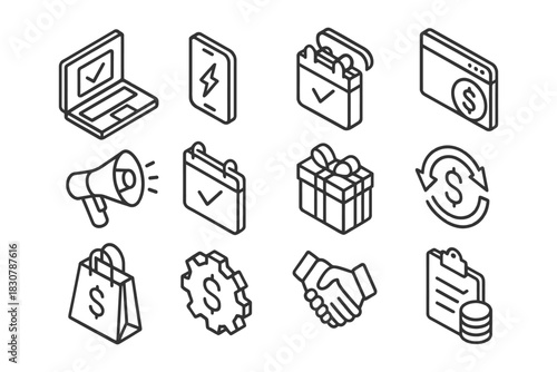 Vector icons set: online shopping, marketing, business transactions, e-commerce, technology symbols.