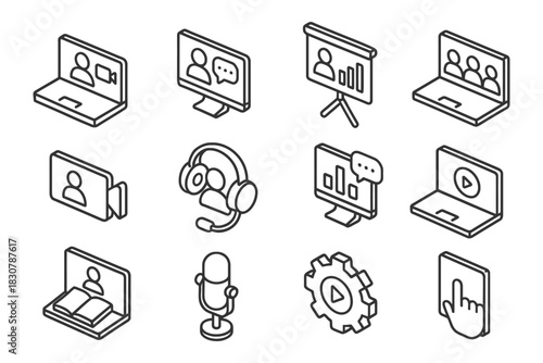 Video conference and communication icons: laptop, presentation, headset, microphone, settings.