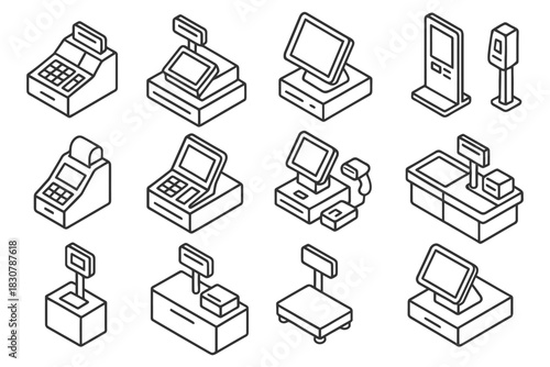 Isometric icons of modern cash registers and self-checkout systems.