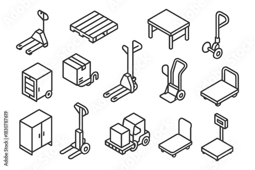 Industrial equipment icons: pallet jacks, boxes, tables, and carts in black and white.