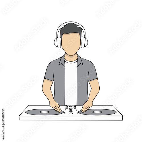 Cartoon illustration of a male DJ wearing headphones and mixing music on turntables