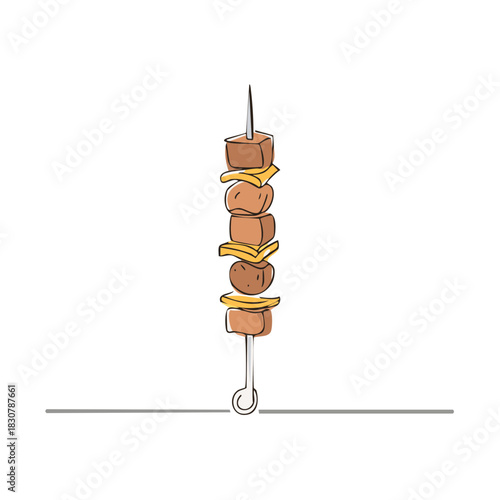 Hand drawn skewer with meat and cheese pieces on a white background