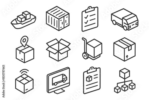 Logistics and shipping icons: box, truck, ship, packaging, delivery, distribution, cargo.