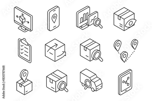 Isometric icons for logistics and shipping: delivery, tracking, package, smartphone, analytics.