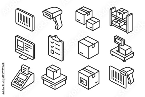Warehouse and inventory management icons: scanner, barcode, boxes, shelves, scale, clipboard, register.