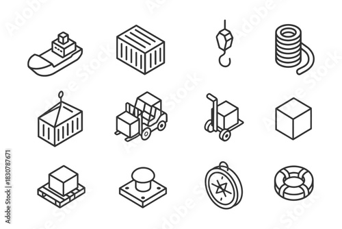 Logistics and shipping icons: cargo, container, crane, ship, forklift, compass.