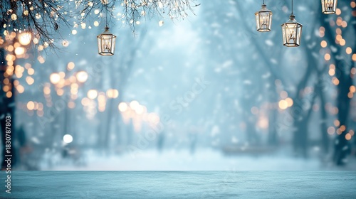Winter product presentation with white backdrop, blurred tree background, hanging lights and falling snow creating a cozy atmospheric winter-themed setting for showcasing items.