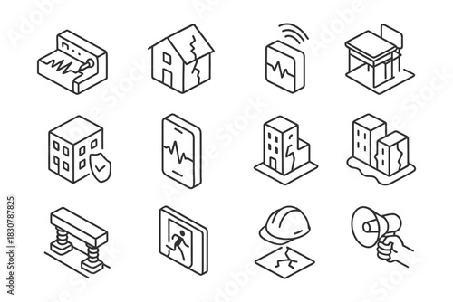 Earthquake preparedness and impact icons set.