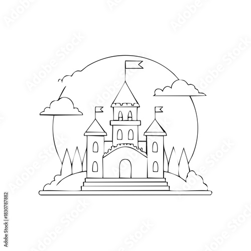 Fairy tale castle black and white line art illustration for a coloring book page