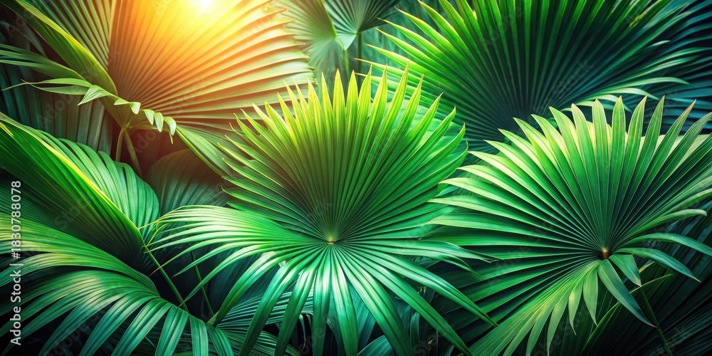 Obraz premium Lush Tropical Foliage Vibrant Green Palm Leaves Illuminated by Sunlight, Creating a Serene and Exotic Natural Background