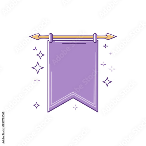Whimsical lavender banner flag for text with ornate golden rod and sparkles