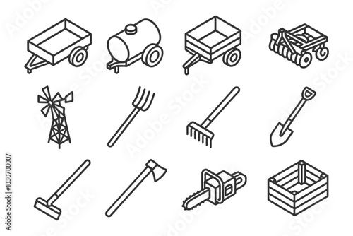 Line art of farming tools and equipment collection.