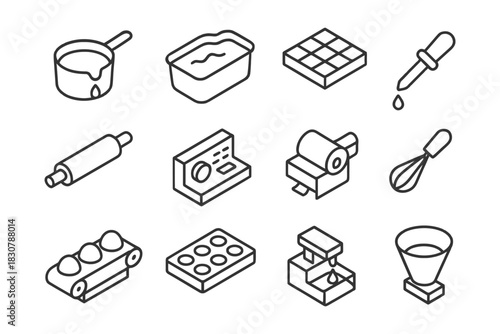 Collection of kitchen utensil icons including pot, rolling pin, whisk, and pipette.