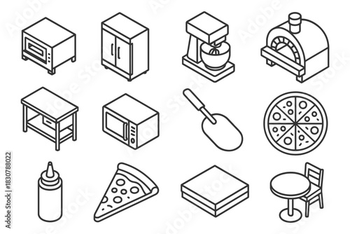 Isometric icons of pizza oven, kitchen appliances, and pizza-related items.