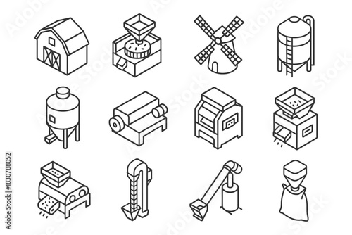 Isometric farm and mill equipment icons collection.