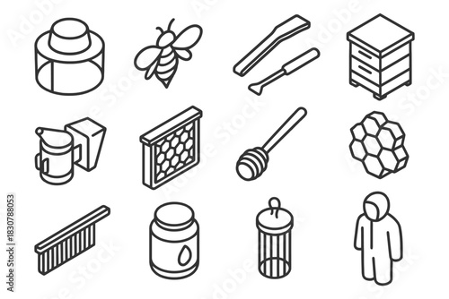 Beekeeping tools and equipment icons collection.