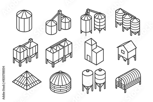 Isometric industrial silos and storage structures illustration.