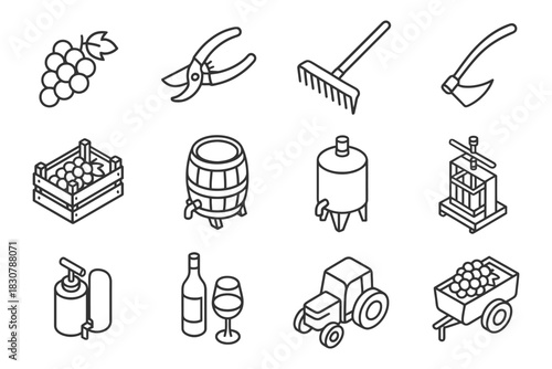 Outline icons of winemaking tools and objects including grapes, barrel, and wine glass.
