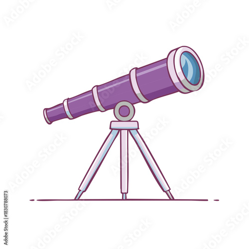 Whimsical purple cartoon telescope on a tripod for astronomical observation, discovery, and learning illustration.