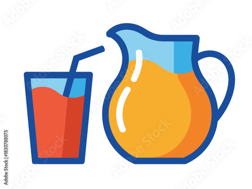 A pitcher of orange juice sits next to a glass of red juice with a straw.
