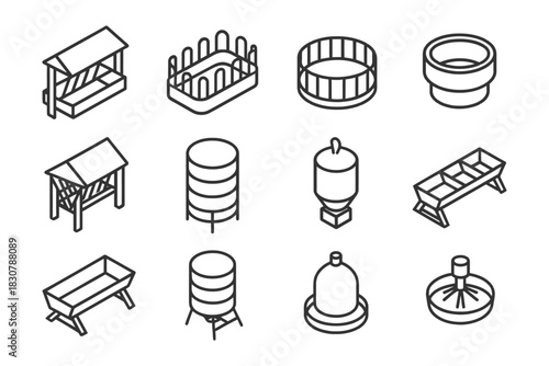 Isometric farm equipment icons: silos, troughs, feeding stations, barns, fencing.