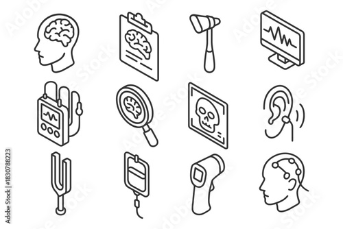 Medical icon set featuring brain, diagnostic tools, and monitoring equipment.