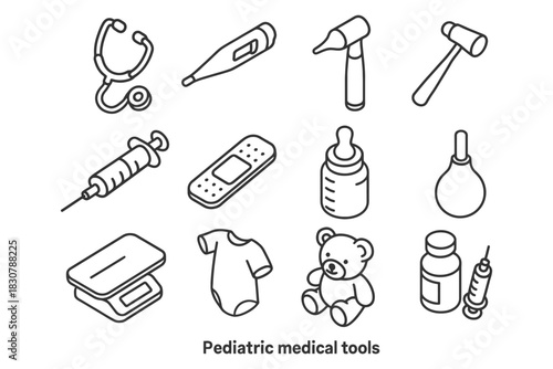 Pediatric medical tools icons set in black and white line art.