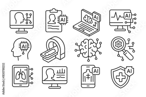 Ai-driven healthcare icons: brain, heart, technology.