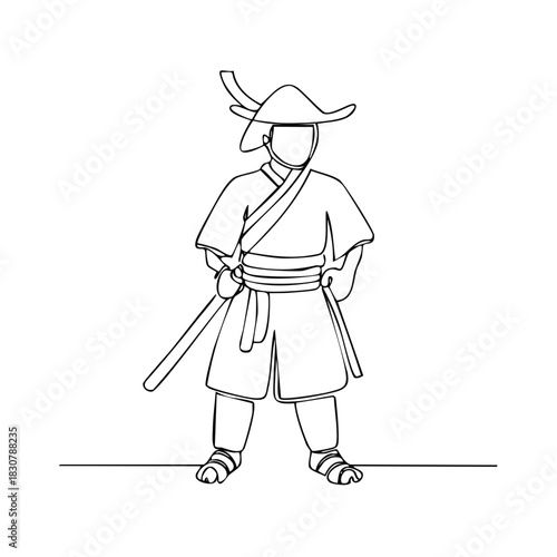 Continuous one line drawing of a Japanese samurai warrior with a katana sword