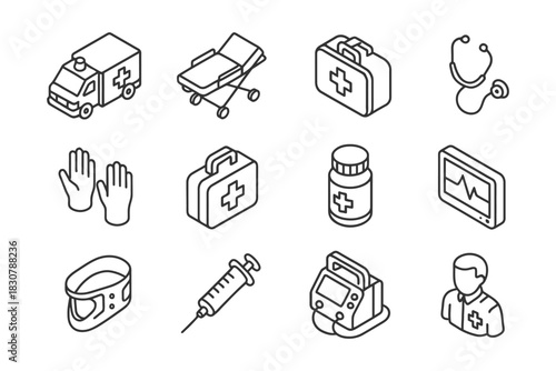 Medical icons set featuring ambulance, stretcher, first aid kit, syringe, and more.